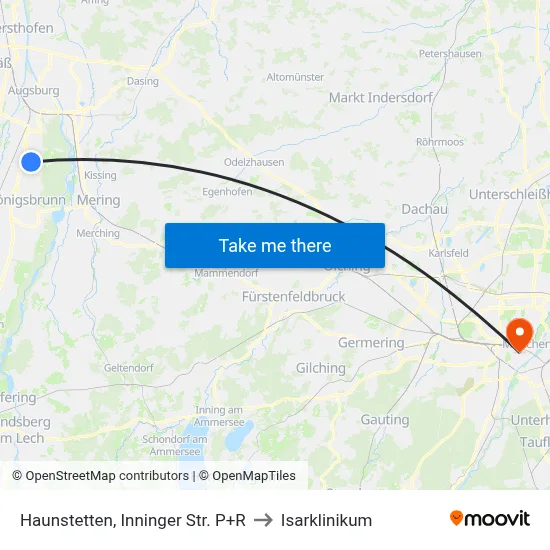 Haunstetten, Inninger Str. P+R to Isarklinikum map