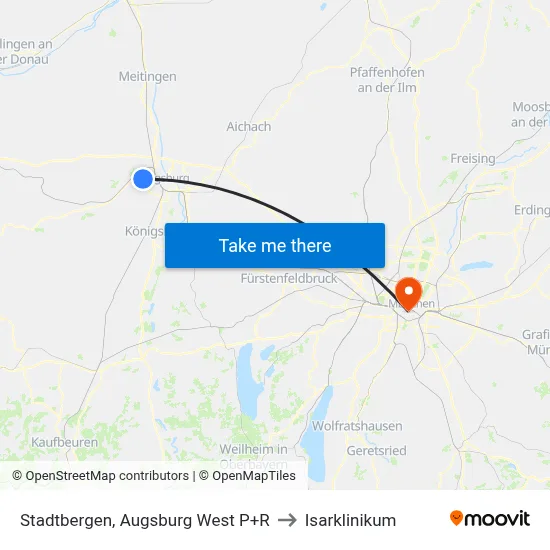 Stadtbergen, Augsburg West P+R to Isarklinikum map