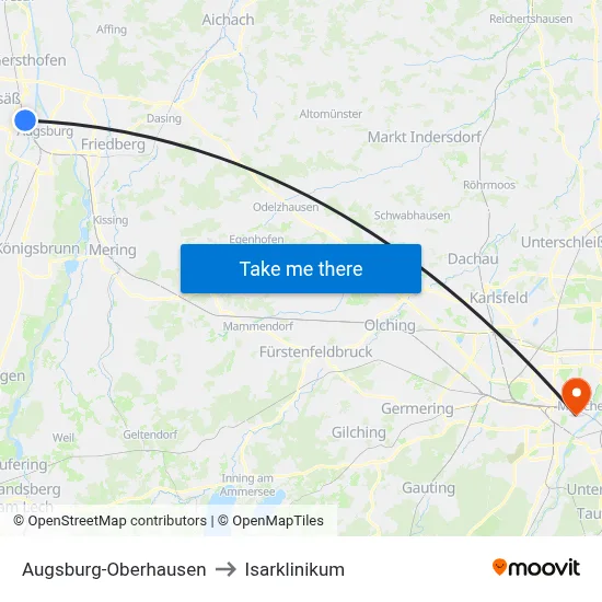 Augsburg-Oberhausen to Isarklinikum map