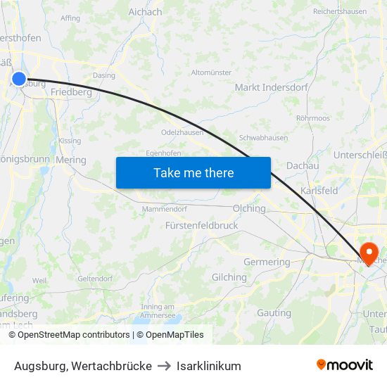 Augsburg, Wertachbrücke to Isarklinikum map