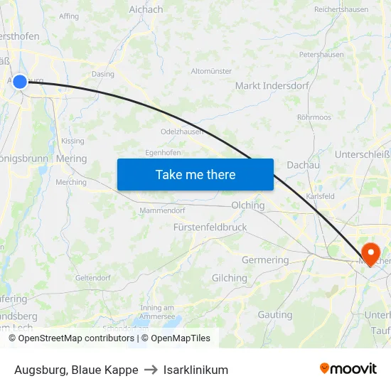 Augsburg, Blaue Kappe to Isarklinikum map