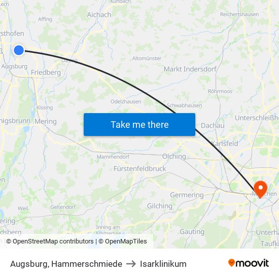 Augsburg, Hammerschmiede to Isarklinikum map