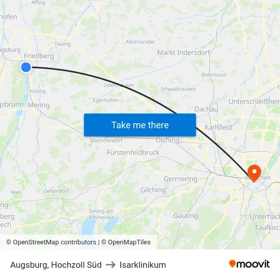 Augsburg, Hochzoll Süd to Isarklinikum map