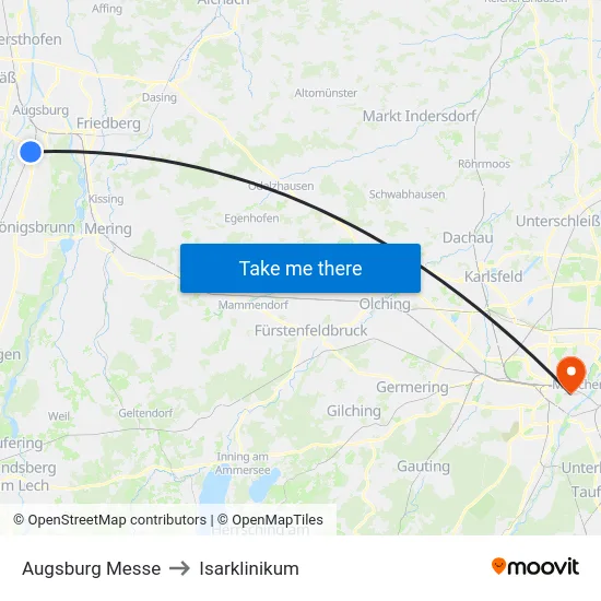 Augsburg Messe to Isarklinikum map