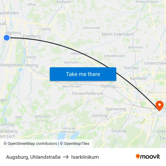 Augsburg, Uhlandstraße to Isarklinikum map