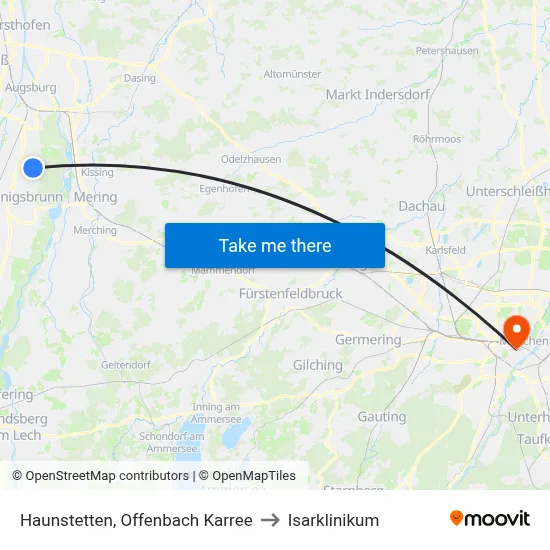 Haunstetten, Offenbach Karree to Isarklinikum map