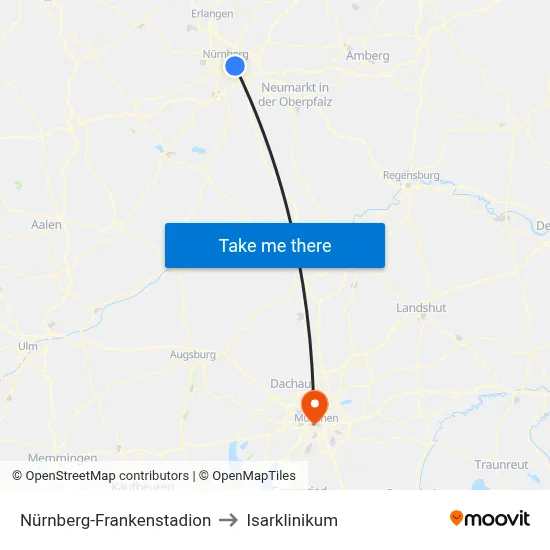 Nürnberg-Frankenstadion to Isarklinikum map
