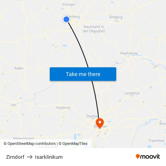 Zirndorf to Isarklinikum map