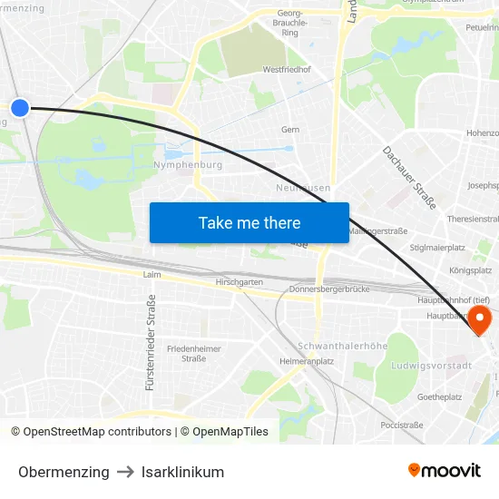 Obermenzing to Isarklinikum map