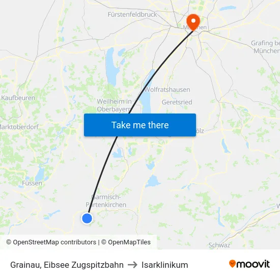 Grainau, Eibsee Zugspitzbahn to Isarklinikum map