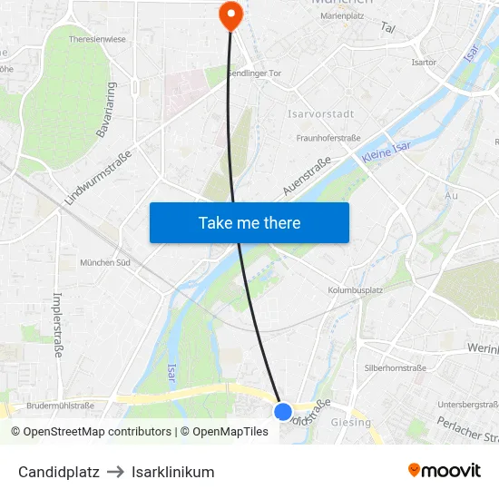 Candidplatz to Isarklinikum map