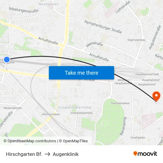 Hirschgarten Bf. to Augenklinik map