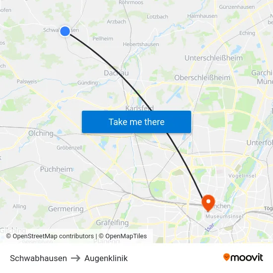 Schwabhausen to Augenklinik map
