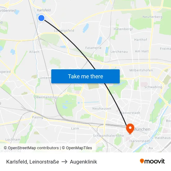Karlsfeld, Leinorstraße to Augenklinik map
