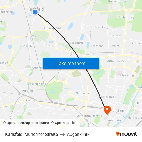 Karlsfeld, Münchner Straße to Augenklinik map