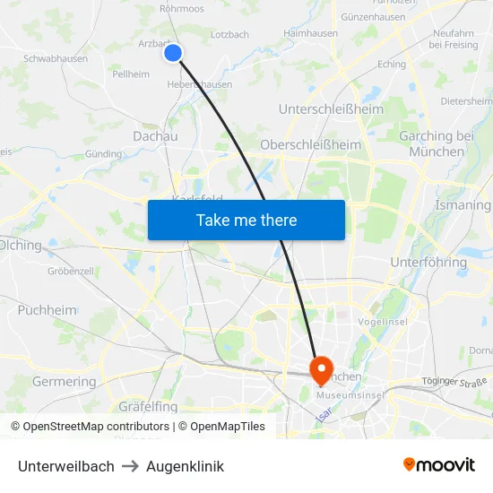 Unterweilbach to Augenklinik map