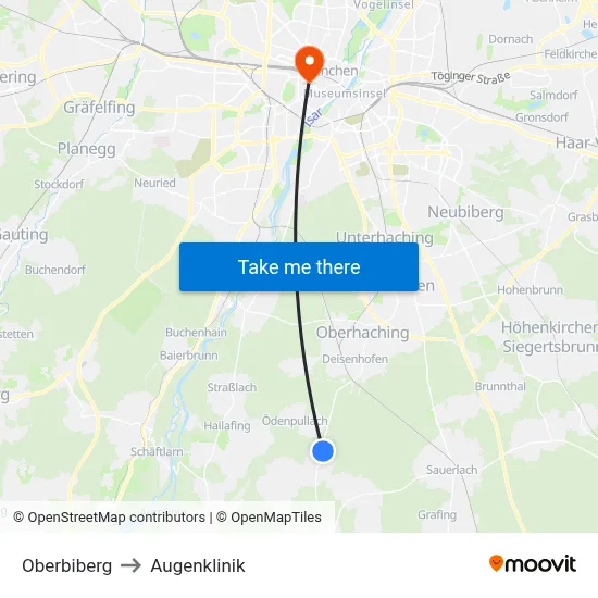 Oberbiberg to Augenklinik map