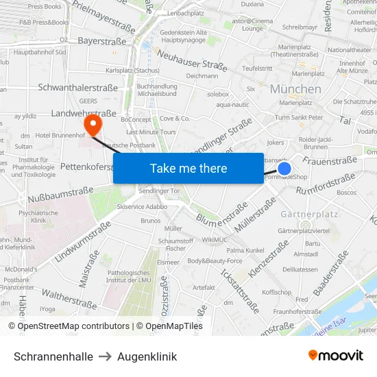 Schrannenhalle to Augenklinik map