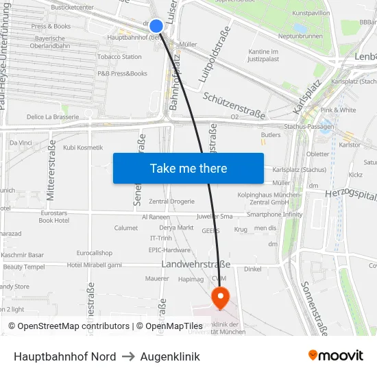 Hauptbahnhof Nord to Augenklinik map