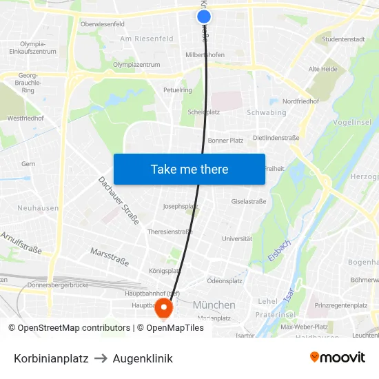 Korbinianplatz to Augenklinik map