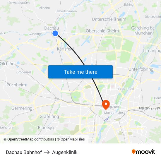 Dachau Bahnhof to Augenklinik map