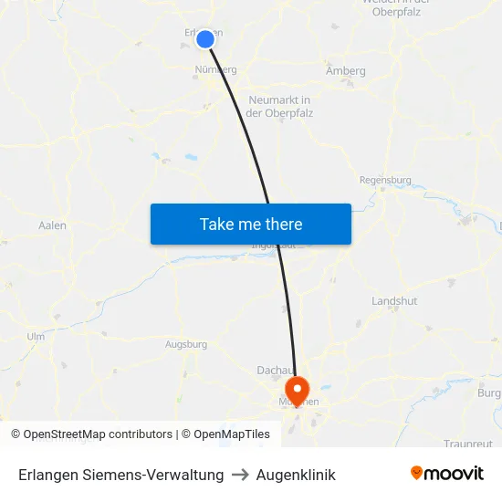 Erlangen Siemens-Verwaltung to Augenklinik map