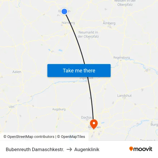 Bubenreuth Damaschkestr. to Augenklinik map