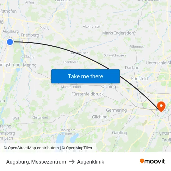 Augsburg, Messezentrum to Augenklinik map
