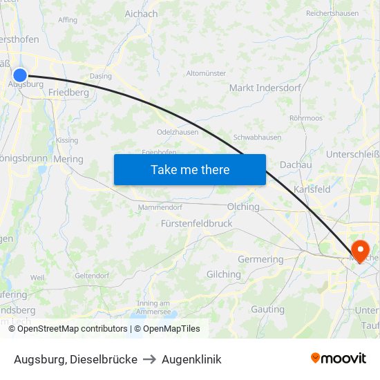 Augsburg, Dieselbrücke to Augenklinik map