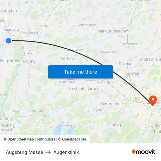 Augsburg Messe to Augenklinik map