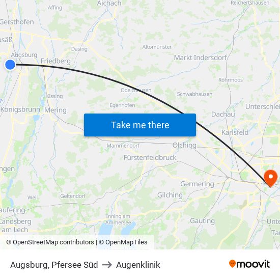 Augsburg, Pfersee Süd to Augenklinik map