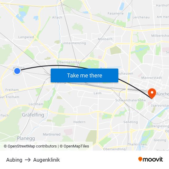 Aubing to Augenklinik map