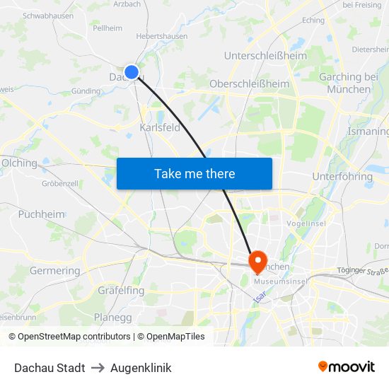 Dachau Stadt to Augenklinik map