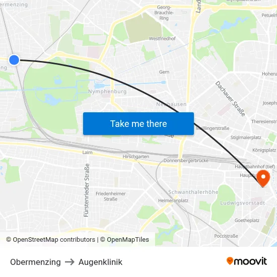 Obermenzing to Augenklinik map