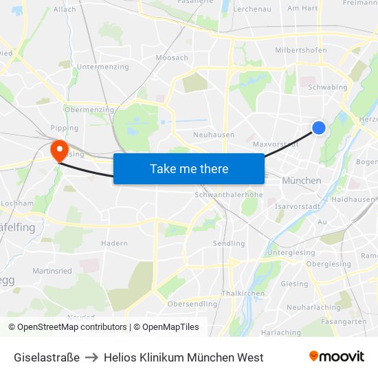 Giselastraße to Helios Klinikum München West map