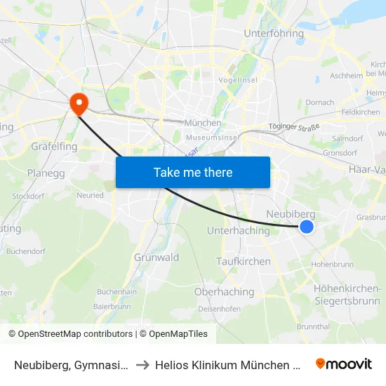 Neubiberg, Gymnasium to Helios Klinikum München West map