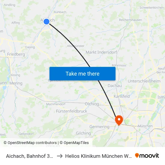Aichach, Bahnhof 32 E to Helios Klinikum München West map