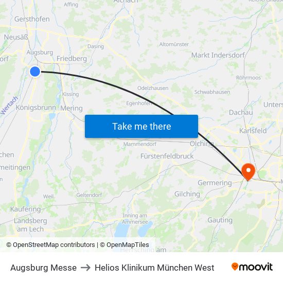 Augsburg Messe to Helios Klinikum München West map