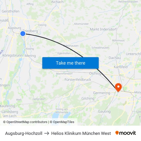 Augsburg-Hochzoll to Helios Klinikum München West map