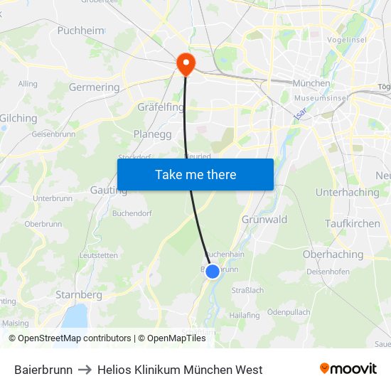 Baierbrunn to Helios Klinikum München West map