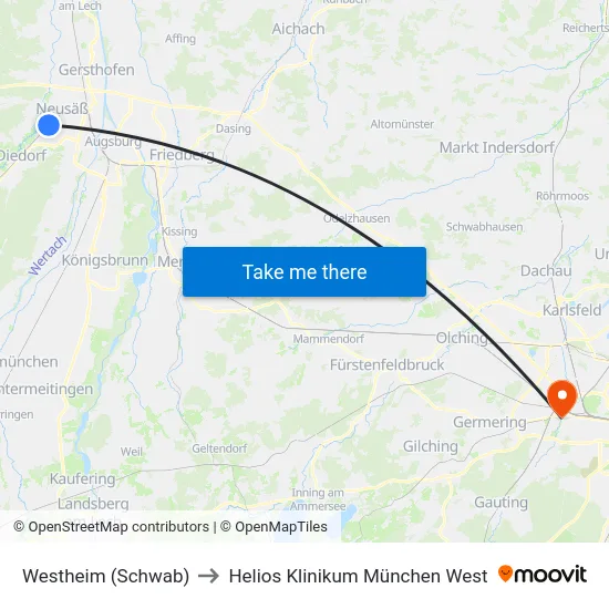 Westheim (Schwab) to Helios Klinikum München West map