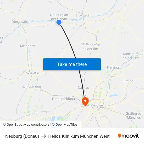 Neuburg (Donau) to Helios Klinikum München West map