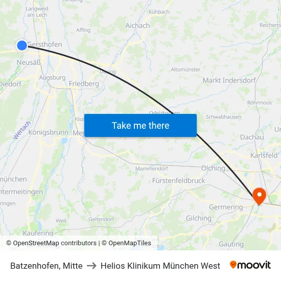 Batzenhofen, Mitte to Helios Klinikum München West map