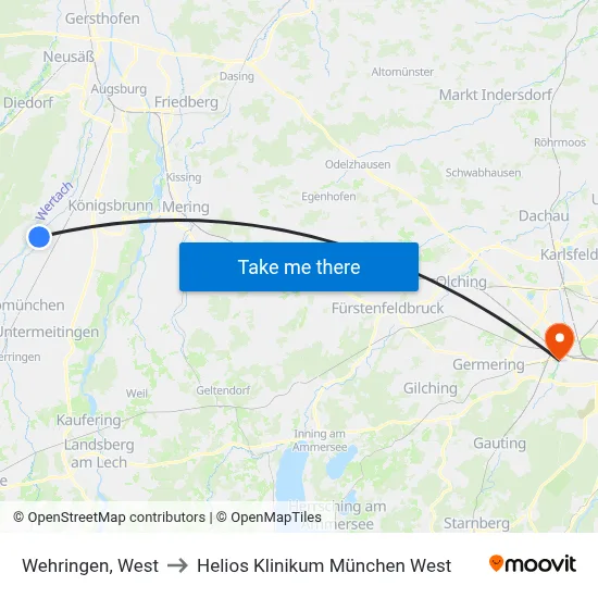 Wehringen, West to Helios Klinikum München West map