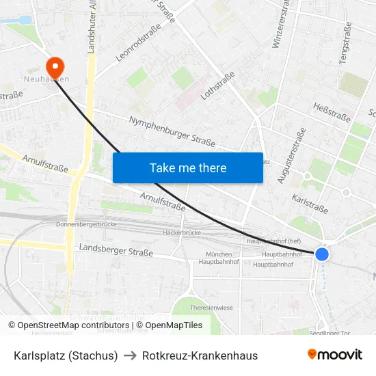 Karlsplatz (Stachus) to Rotkreuz-Krankenhaus map