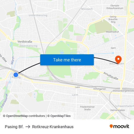 Pasing Bf. to Rotkreuz-Krankenhaus map