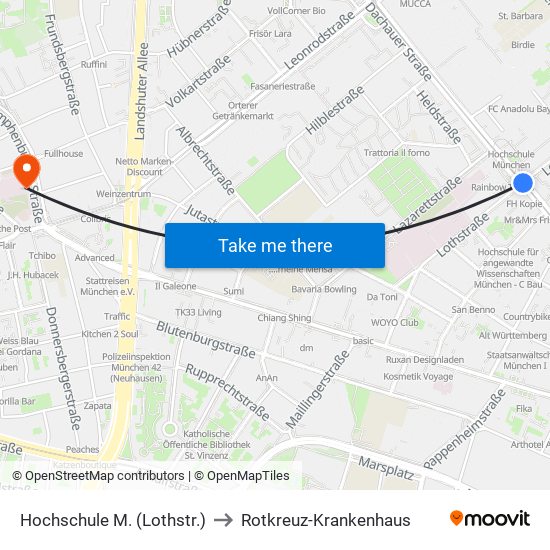 Hochschule M. (Lothstr.) to Rotkreuz-Krankenhaus map