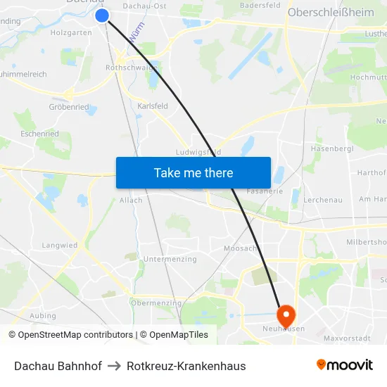 Dachau Bahnhof to Rotkreuz-Krankenhaus map