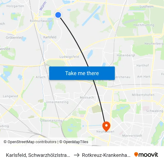 Karlsfeld, Schwarzhölzlstraße to Rotkreuz-Krankenhaus map