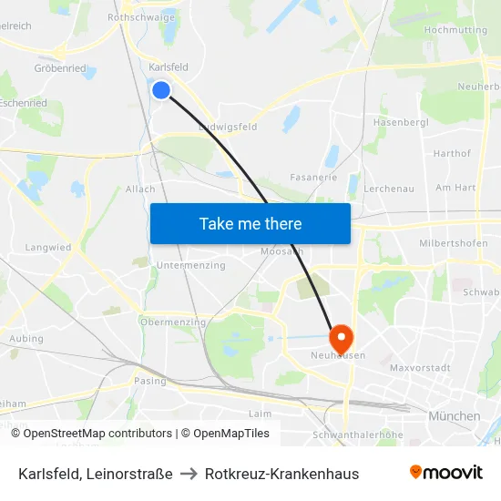 Karlsfeld, Leinorstraße to Rotkreuz-Krankenhaus map